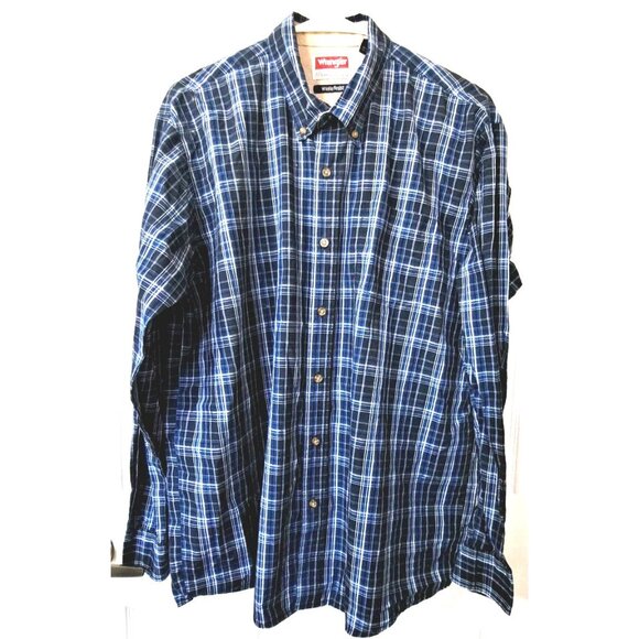 Wrangler Mens Wrinkle Resist L Blue Plaid Long Sleeve Button Down Shirt - Picture 1 of 8